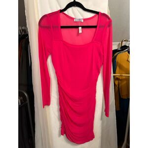 72 Hot Pink Ruched Mesh Long Sleeve Mini Dress Stretchy Valentine’s Bodycon
